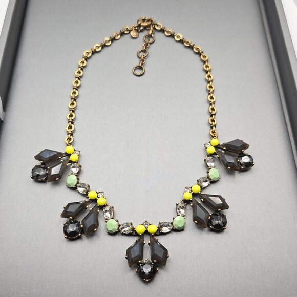 Y2K J Crew Gray Rhinestones & Yellow Accents Statement Necklace 15" Gold Tone - Picture 2 of 8